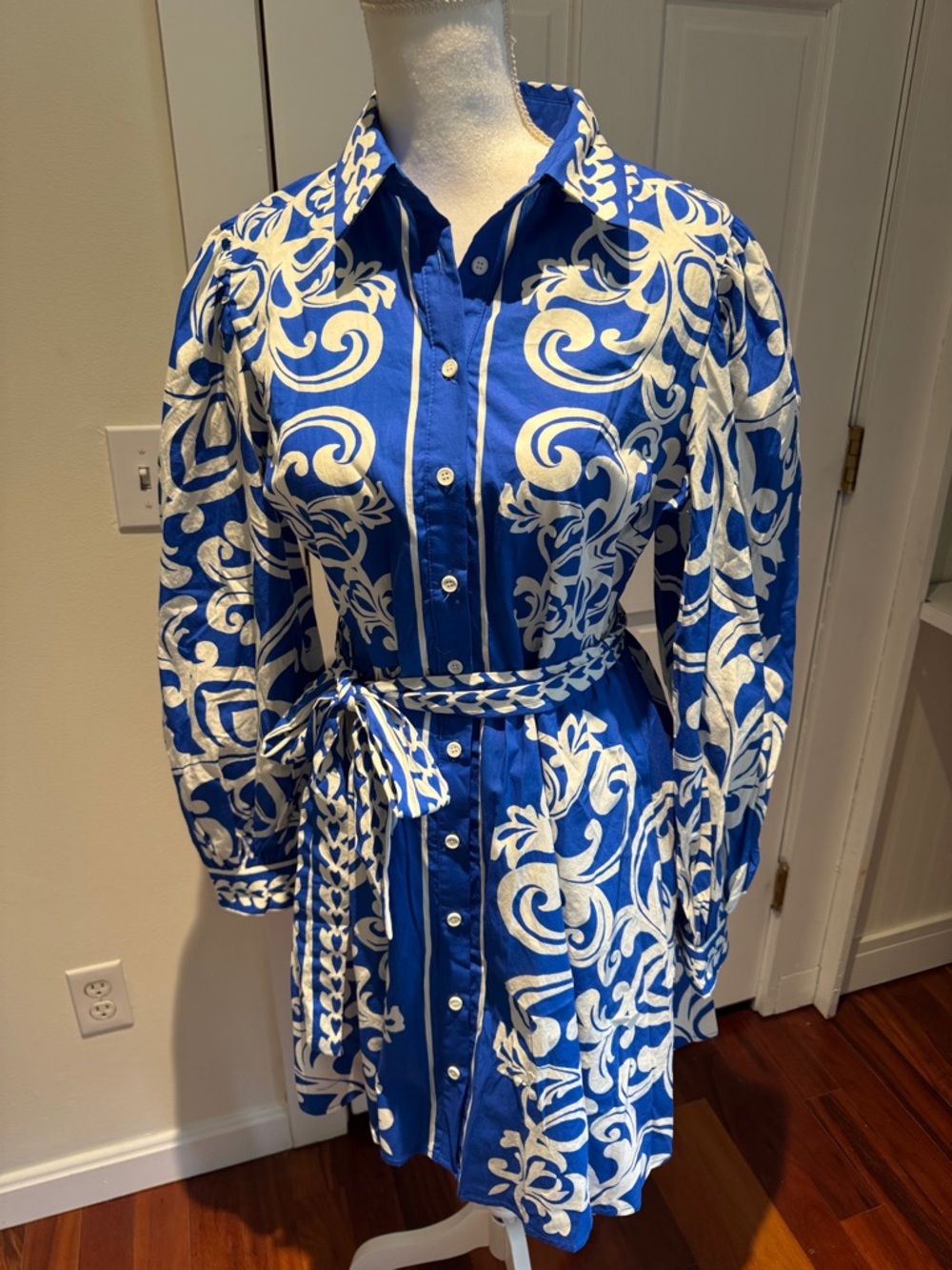 Blue & White Printed Button-Front Mini Shirt Dress with Tie Waist